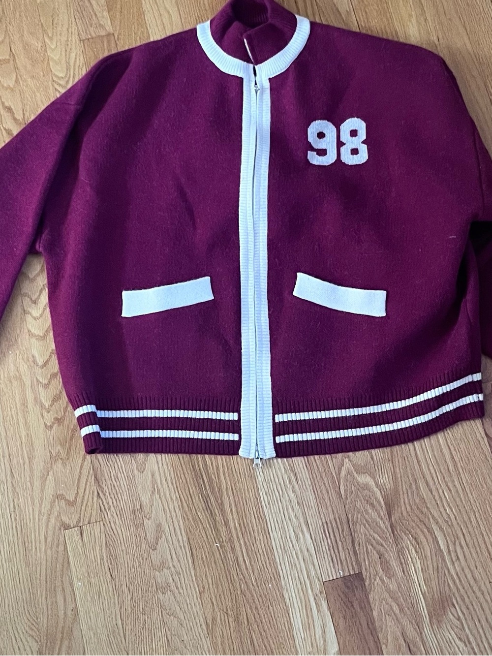 Edikted Burgundy and White Varsity Zip-Up Sweater